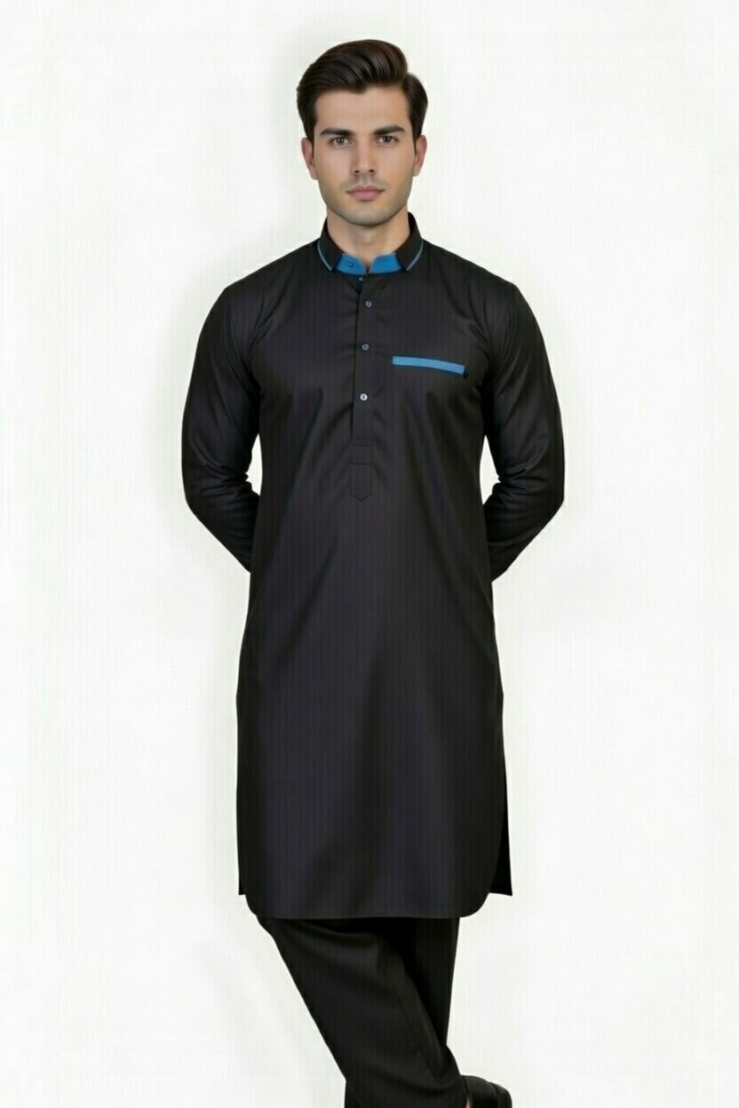 Man wearing a black kurta with blue accents on a white background