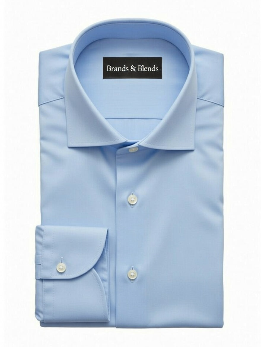 Sky blue cotton formal dress shirt for men by Brands & Blends featuring a classic spread collar, button front closure, and long sleeves with button cuffs, designed for professional office wear and formal occasions