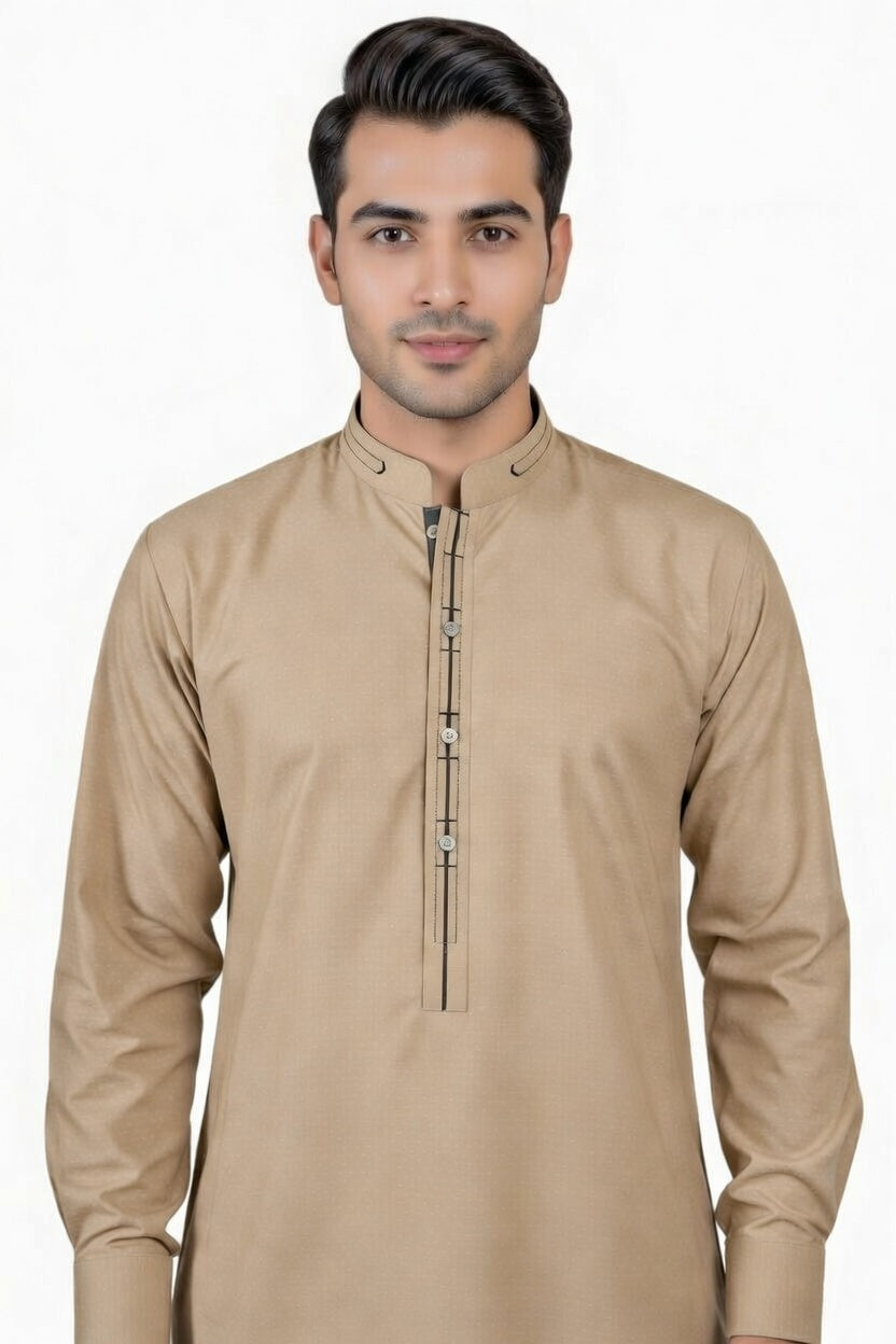 Man wearing a beige long-sleeve shirt with a zipper on a white background