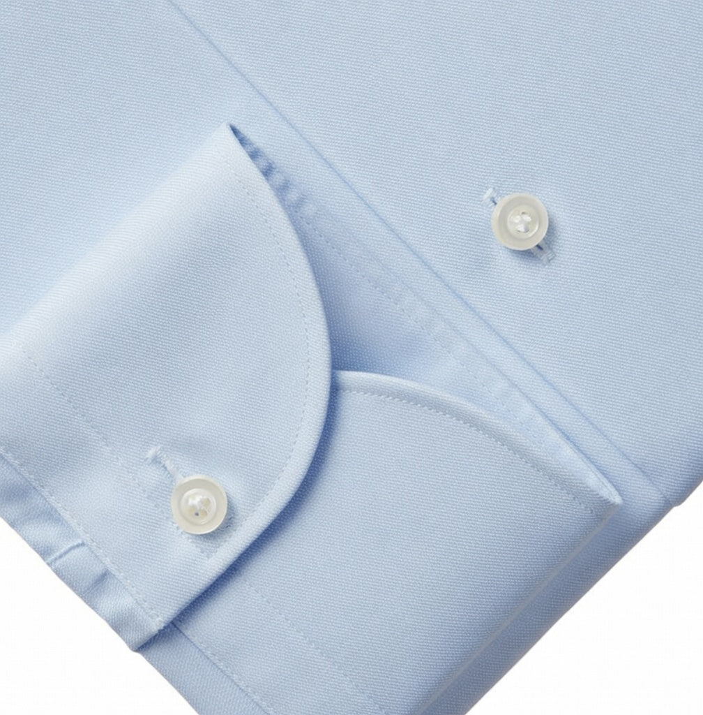 Sky blue cotton formal dress shirt for men by Brands & Blends featuring a classic spread collar, button front closure, and long sleeves with button cuffs, designed for professional office wear and formal occasions