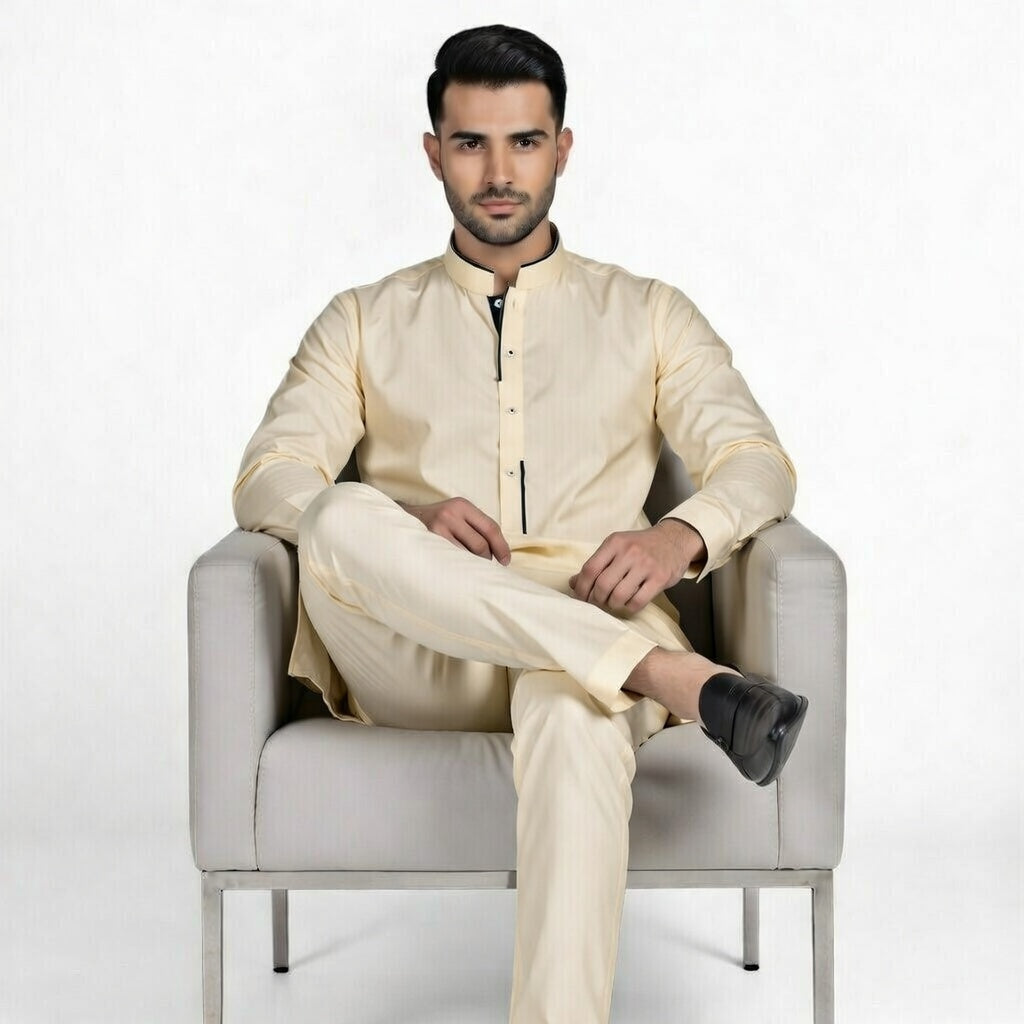 Man sitting on a chair wearing a cream traditional outfit against a white background