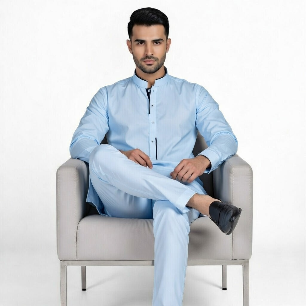 Man sitting on a chair wearing a light blue traditional outfit against a white background