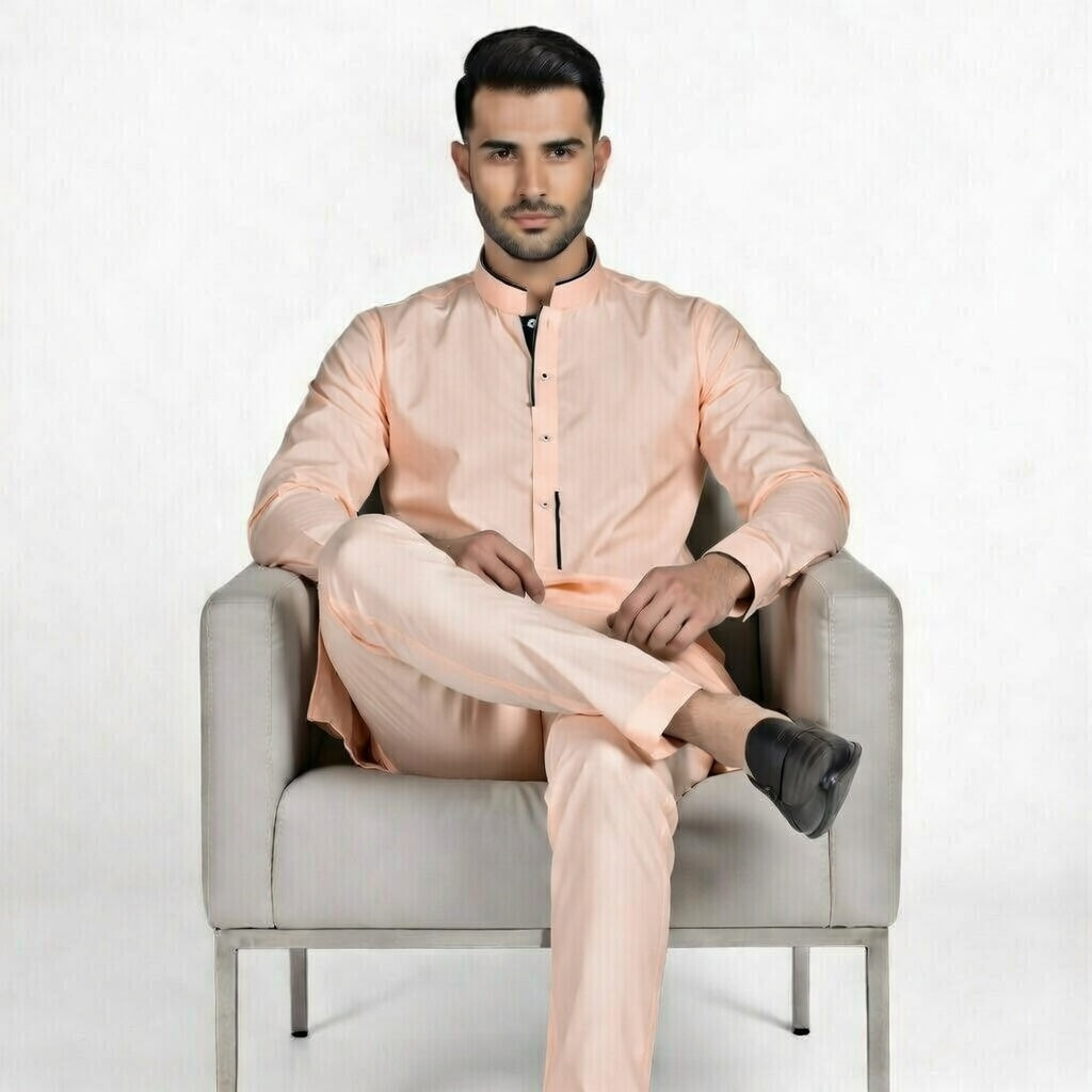 Man sitting on a chair wearing a peach kurta with white pants against a white background