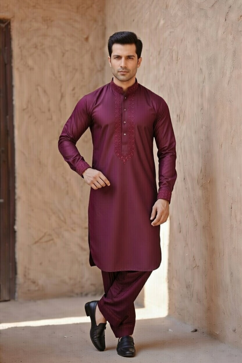 Burgundy Embroidered Shalwar Kameez – Luxury Formal Wear