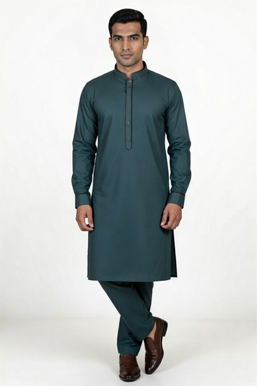 Man wearing a teal kurta with pants on a white background