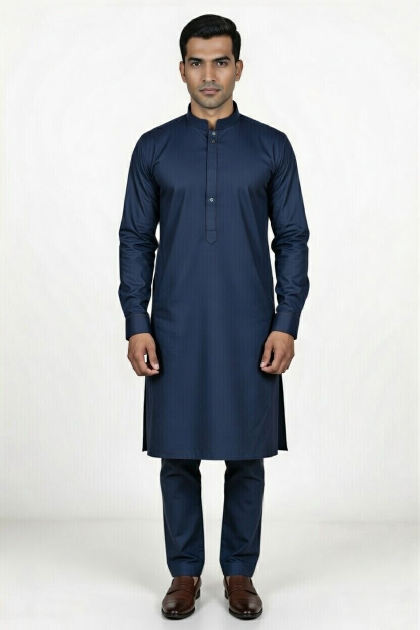 Man wearing a navy blue kurta with pants on a white background