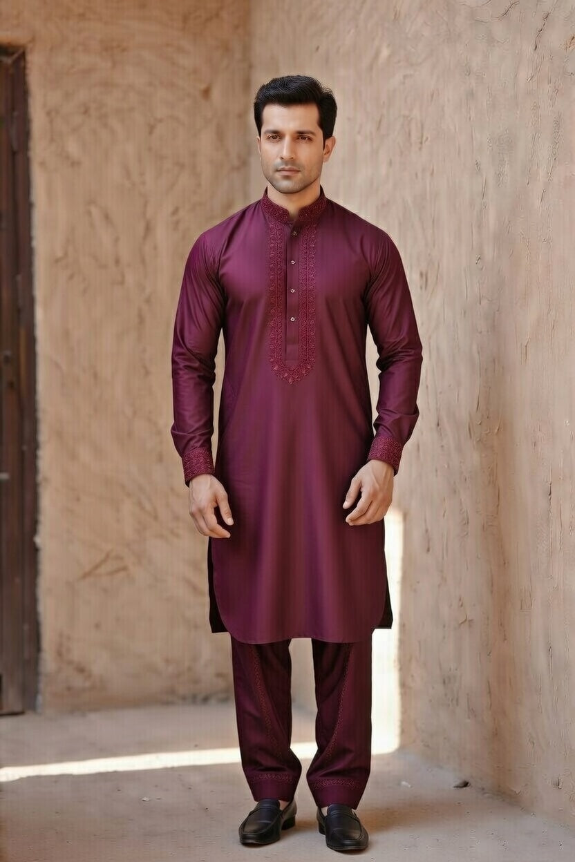 Burgundy Embroidered Shalwar Kameez – Luxury Formal Wear