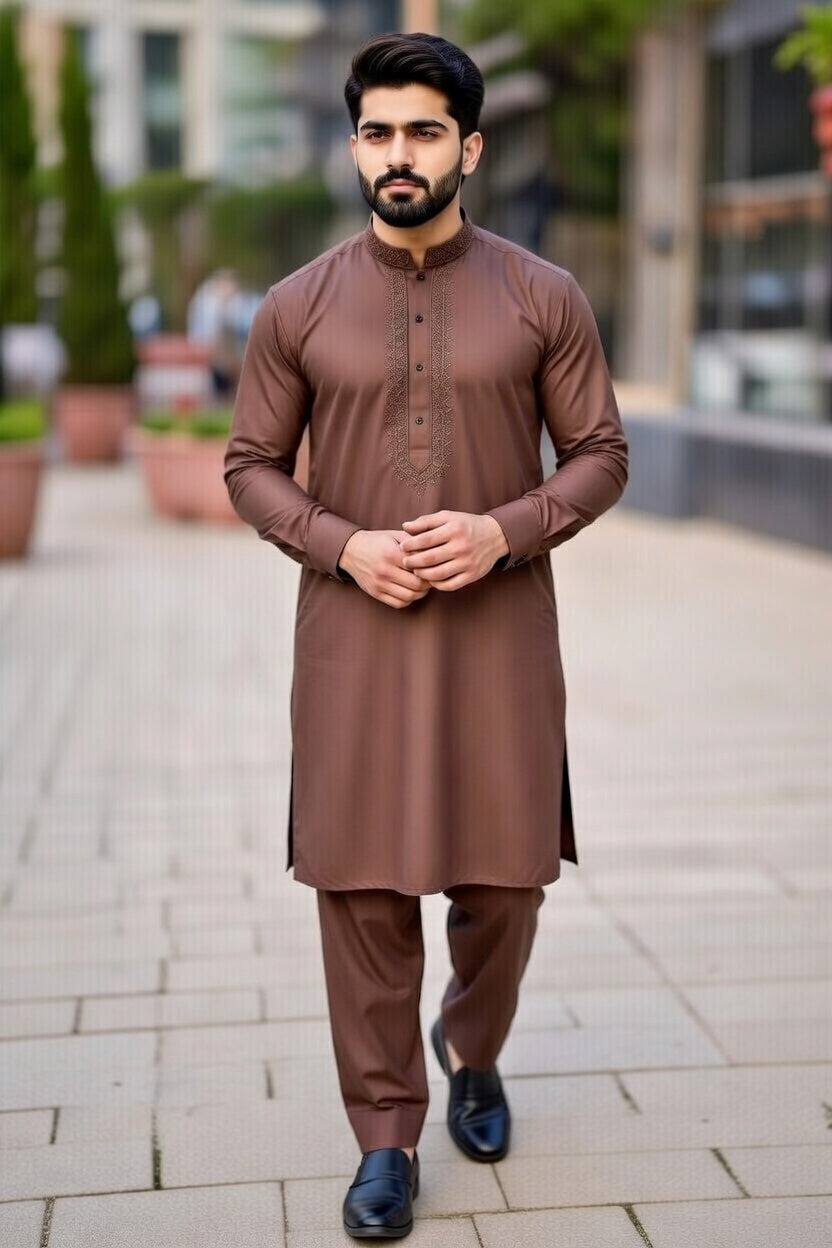 Light Brown Embroidered Shalwar Kameez – Luxury Formal Wear