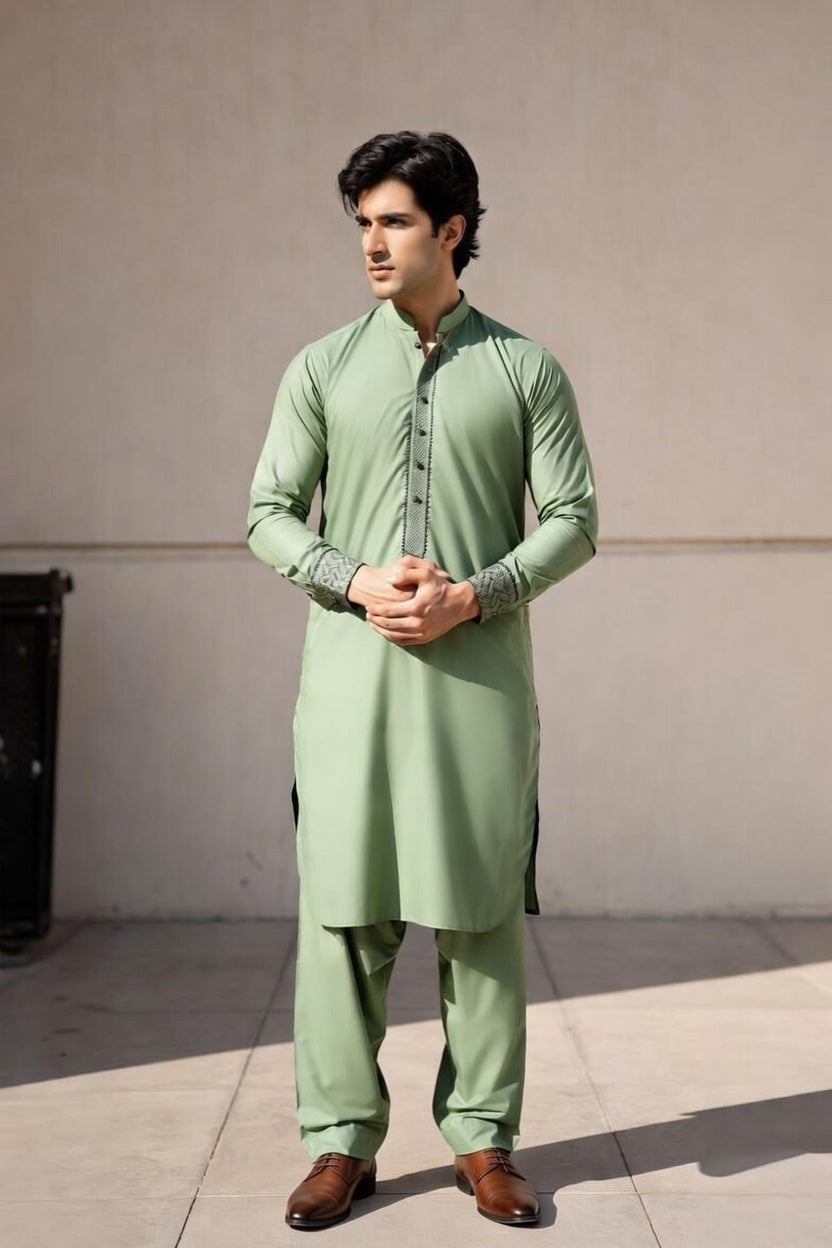 Ivory Green Embroidered Shalwar Kameez – Luxury Formal Wear