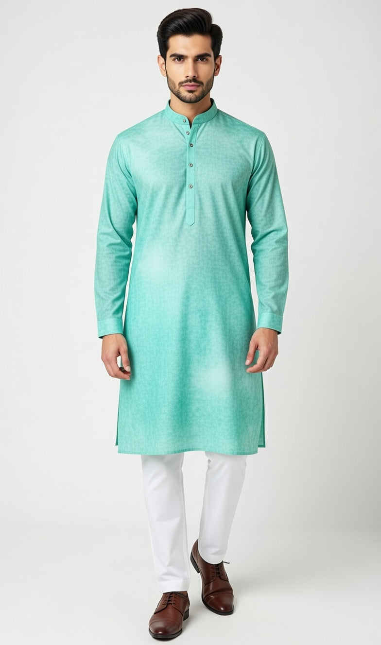 Man wearing a light green kurta with white pants on a white background