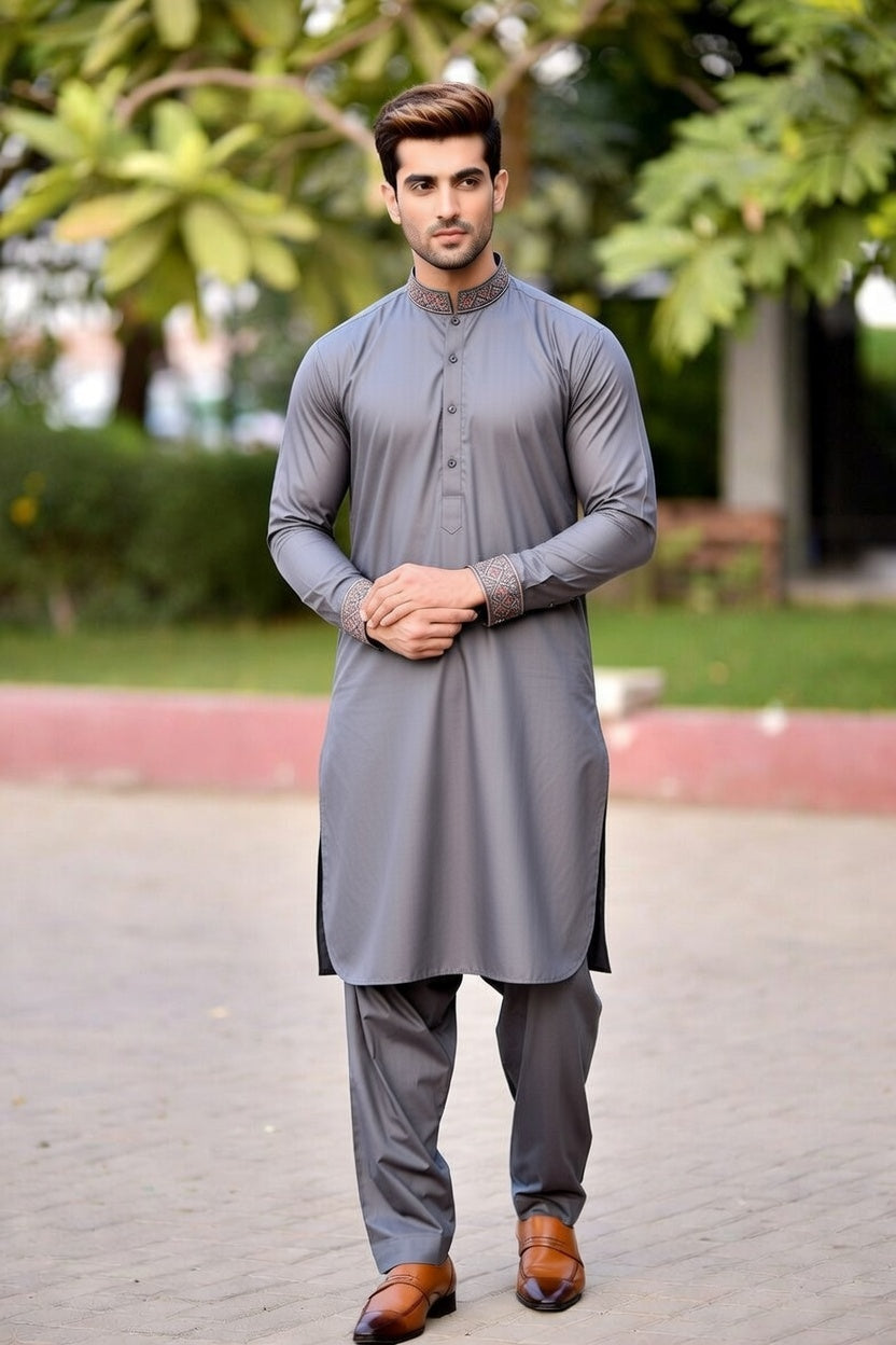 Charcoal Grey Designer Embroidered Shalwar Kameez – Elegant Occasion Wear