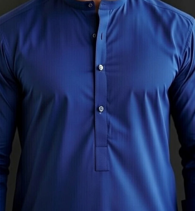 Blue long-sleeve shirt with button details on a dark background