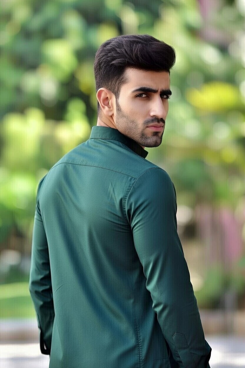 Man wearing a green jacket with a blurred green background