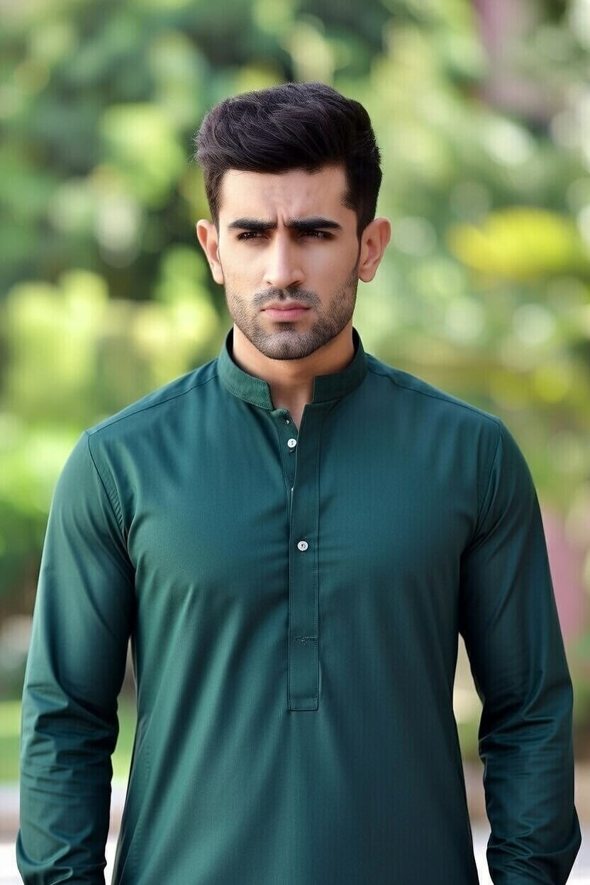 Man wearing a green shirt with a blurred green background