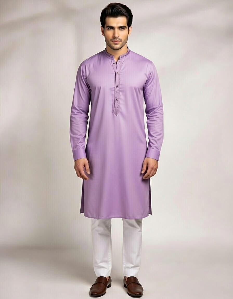 Lavender men’s kurta with white pajama set by Brands & Blends featuring a band collar, button placket, long sleeves, and traditional Pakistani kurta pajama style for weddings, Eid, and festive occasions