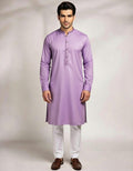 Lavender men’s kurta with white pajama set by Brands & Blends featuring a band collar, button placket, long sleeves, and traditional Pakistani kurta pajama style for weddings, Eid, and festive occasions