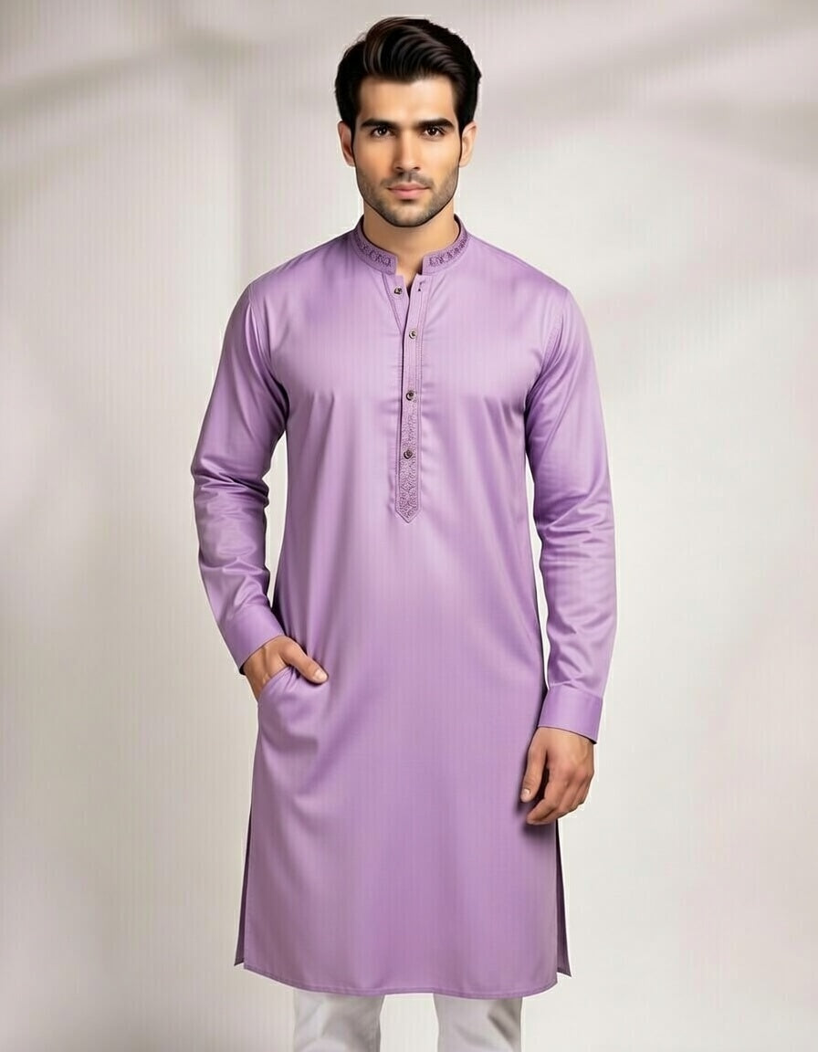 Lavender men’s kurta with white pajama set by Brands & Blends featuring a band collar, button placket, long sleeves, and traditional Pakistani kurta pajama style for weddings, Eid, and festive occasions