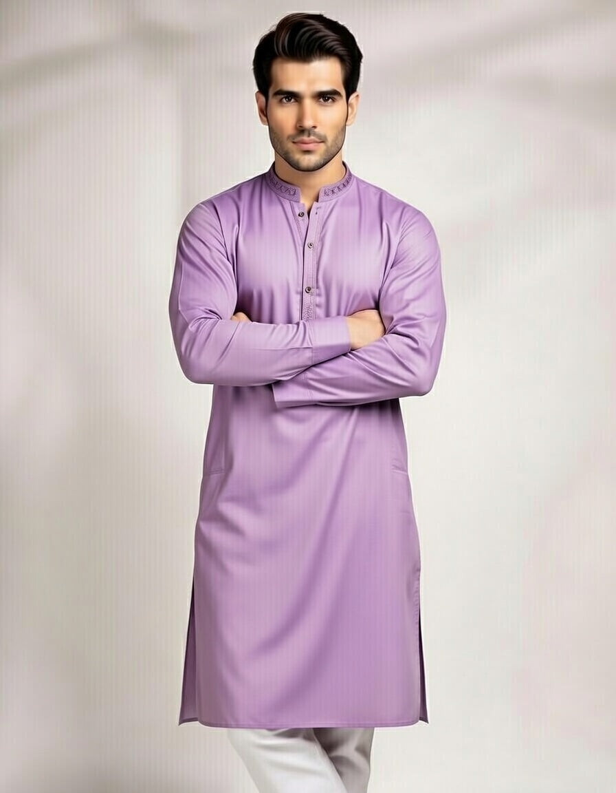 Lavender men’s kurta with white pajama set by Brands & Blends featuring a band collar, button placket, long sleeves, and traditional Pakistani kurta pajama style for weddings, Eid, and festive occasions