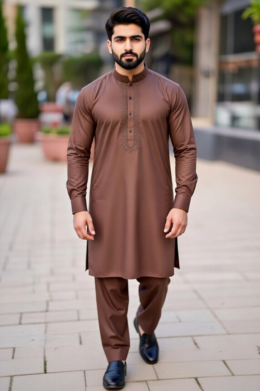 Light Brown Embroidered Shalwar Kameez – Luxury Formal Wear