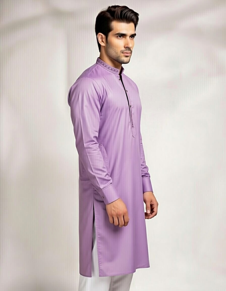 Lavender men’s kurta with white pajama set by Brands & Blends featuring a band collar, button placket, long sleeves, and traditional Pakistani kurta pajama style for weddings, Eid, and festive occasions