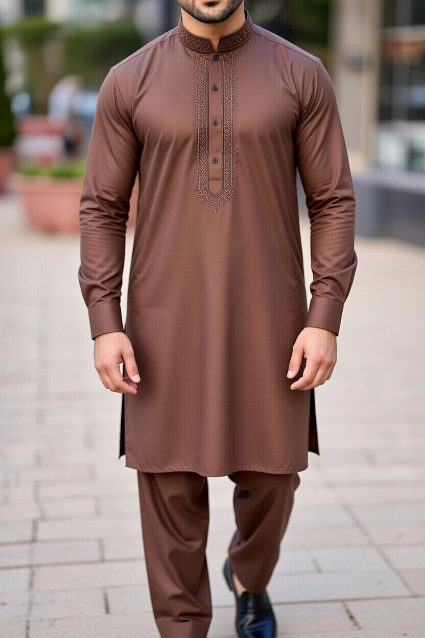 Light Brown Embroidered Shalwar Kameez – Luxury Formal Wear
