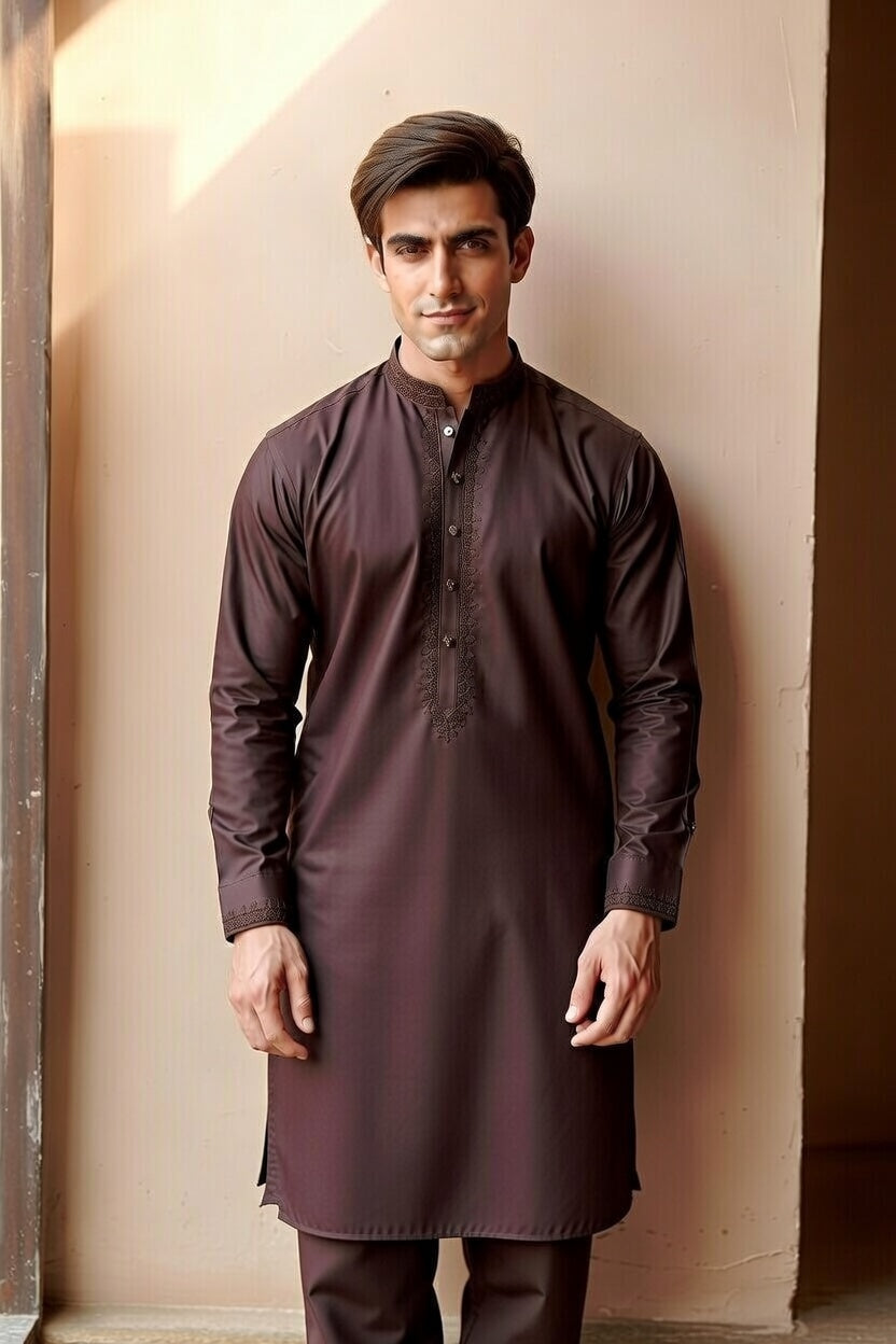Man wearing a dark brown kurta against a beige wall