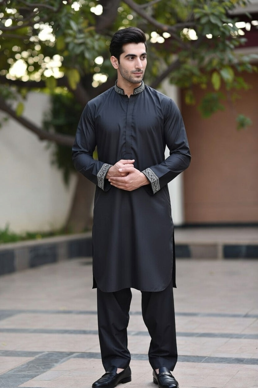 Midnight Black Embroidered Shalwar Kameez – Luxury Formal Wear