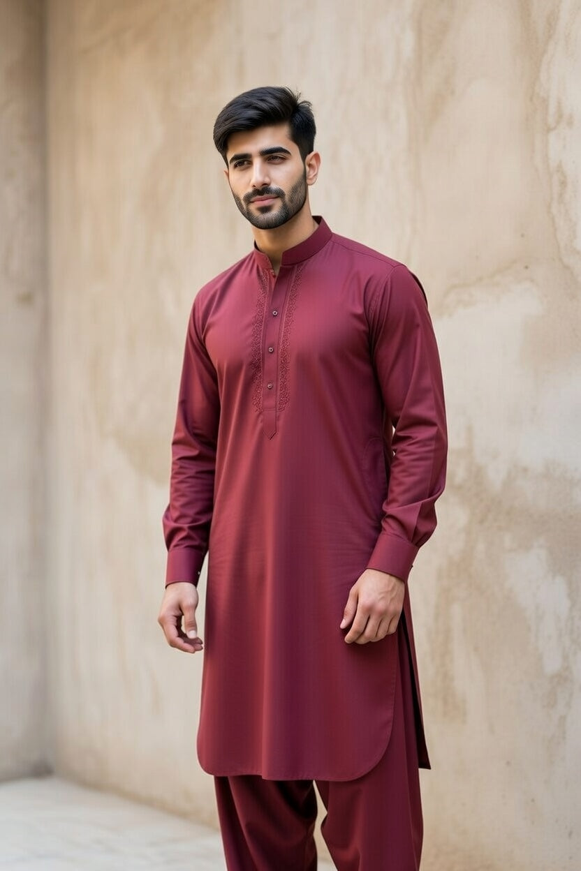 Dark Maroon Embroidered Shalwar Kameez – Luxury Formal Wear