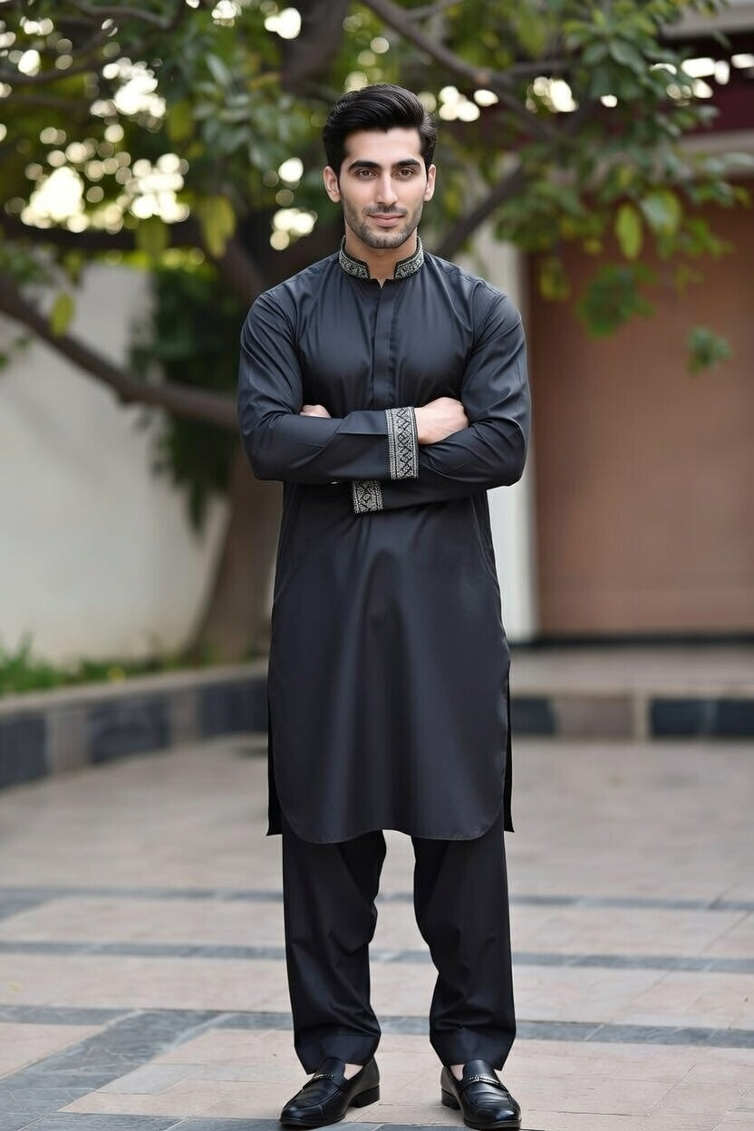 Midnight Black Embroidered Shalwar Kameez – Luxury Formal Wear