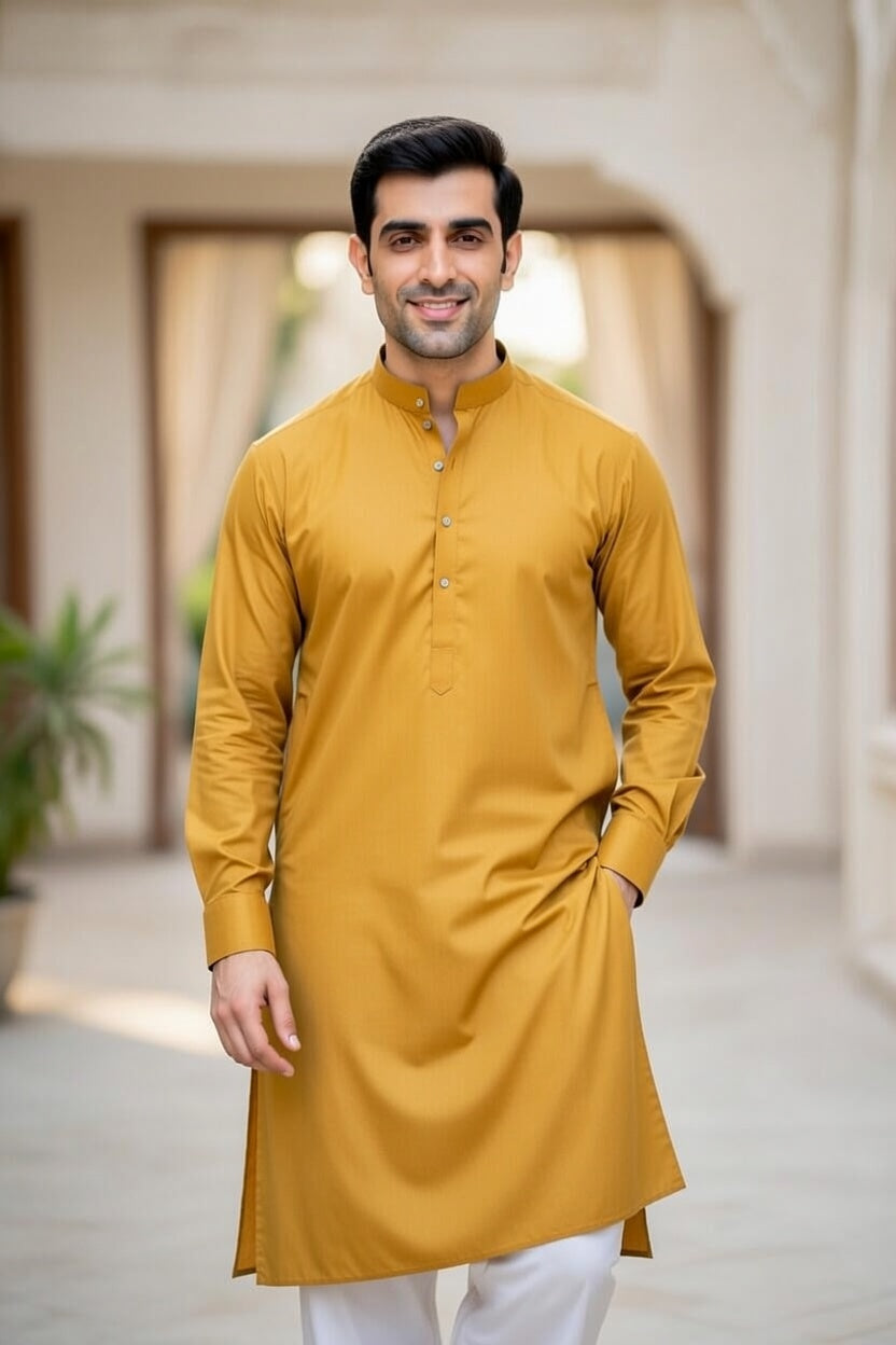 Man wearing a mustard yellow kurta with white pants in an indoor setting
