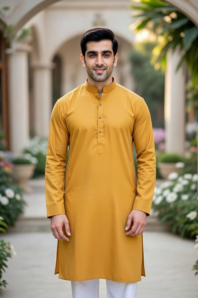 Man wearing a mustard yellow kurta with white pants in an outdoor setting with plants and flowers.