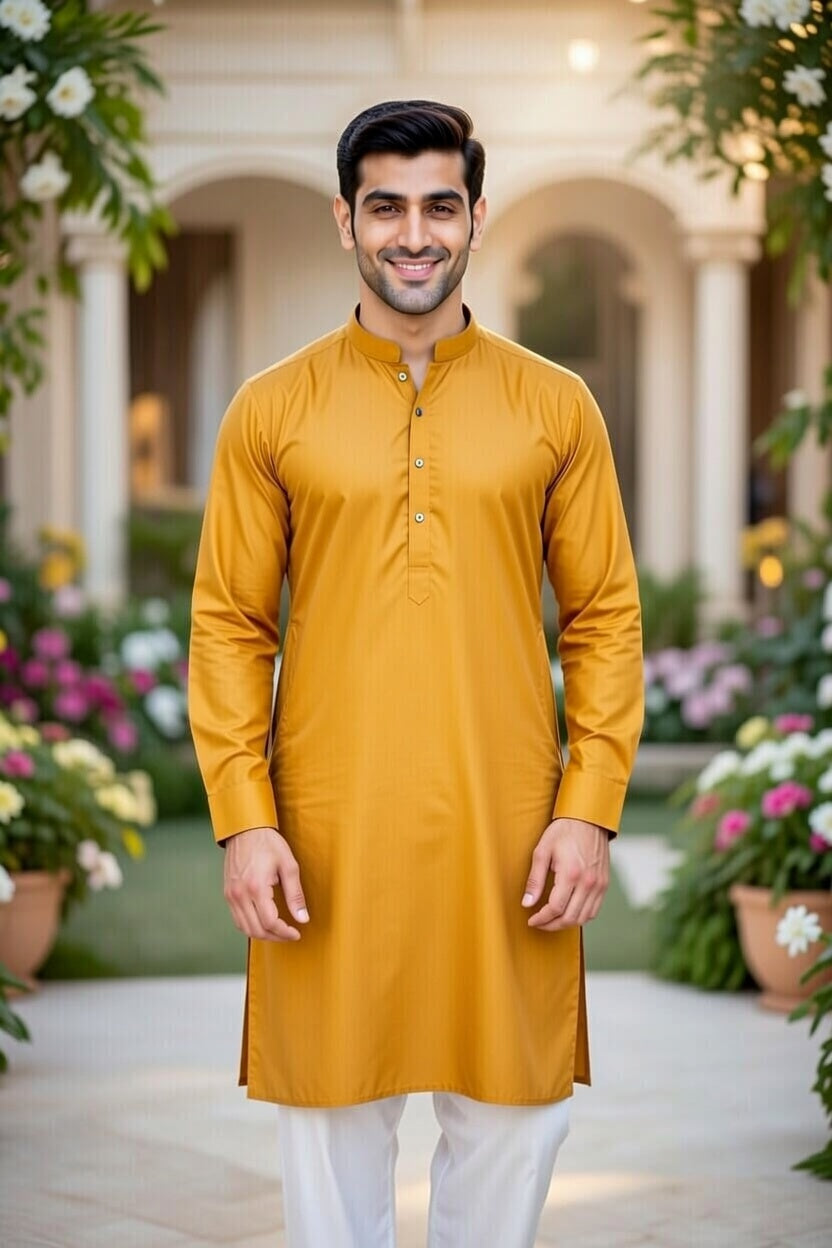 Man wearing a mustard yellow kurta with white pants in an outdoor setting with flowers and architecture.