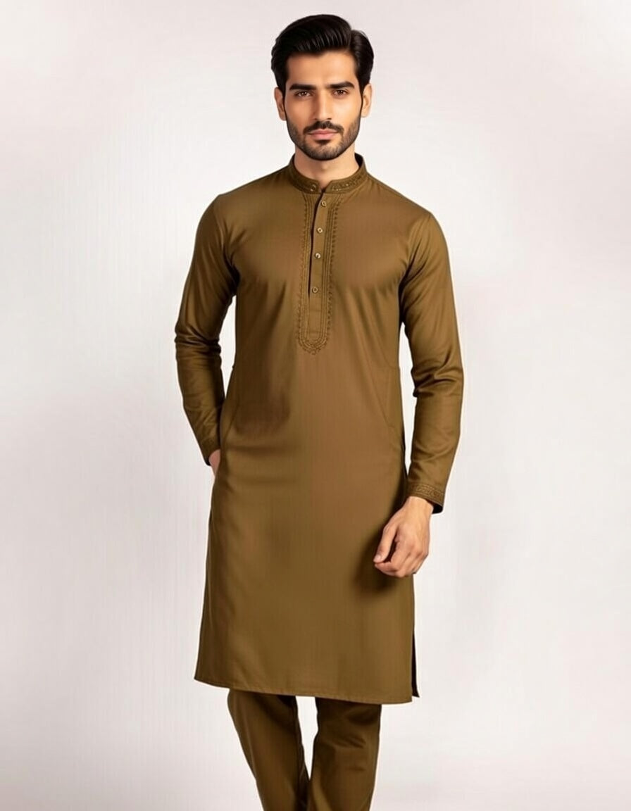 Man wearing a brown kurta with long sleeves on a white background