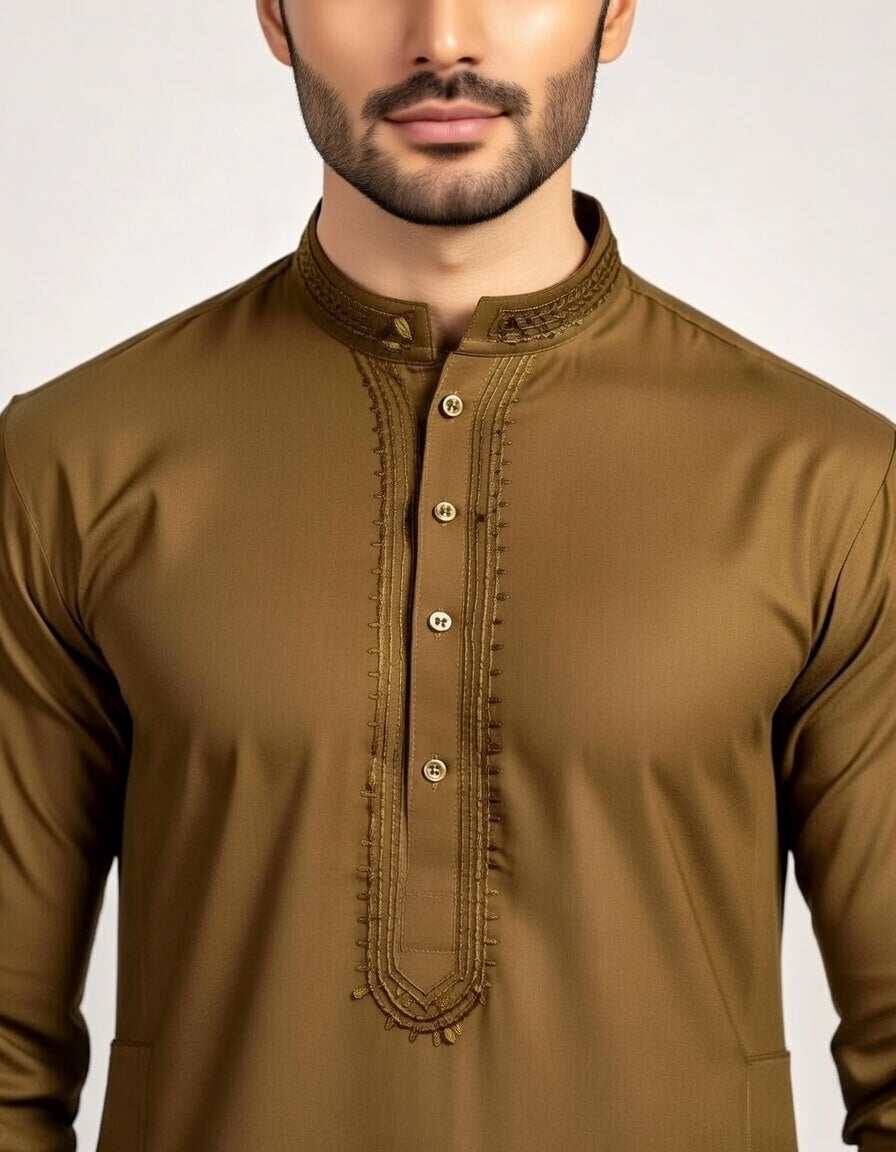Brown kurta with intricate detailing on a plain background