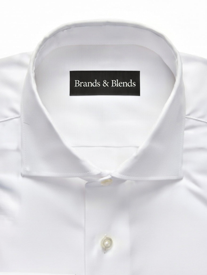 Milky white cotton formal dress shirt for men by Brands & Blends with classic spread collar, button front closure, and long sleeves with button cuffs designed for business, office, and formal occasions
