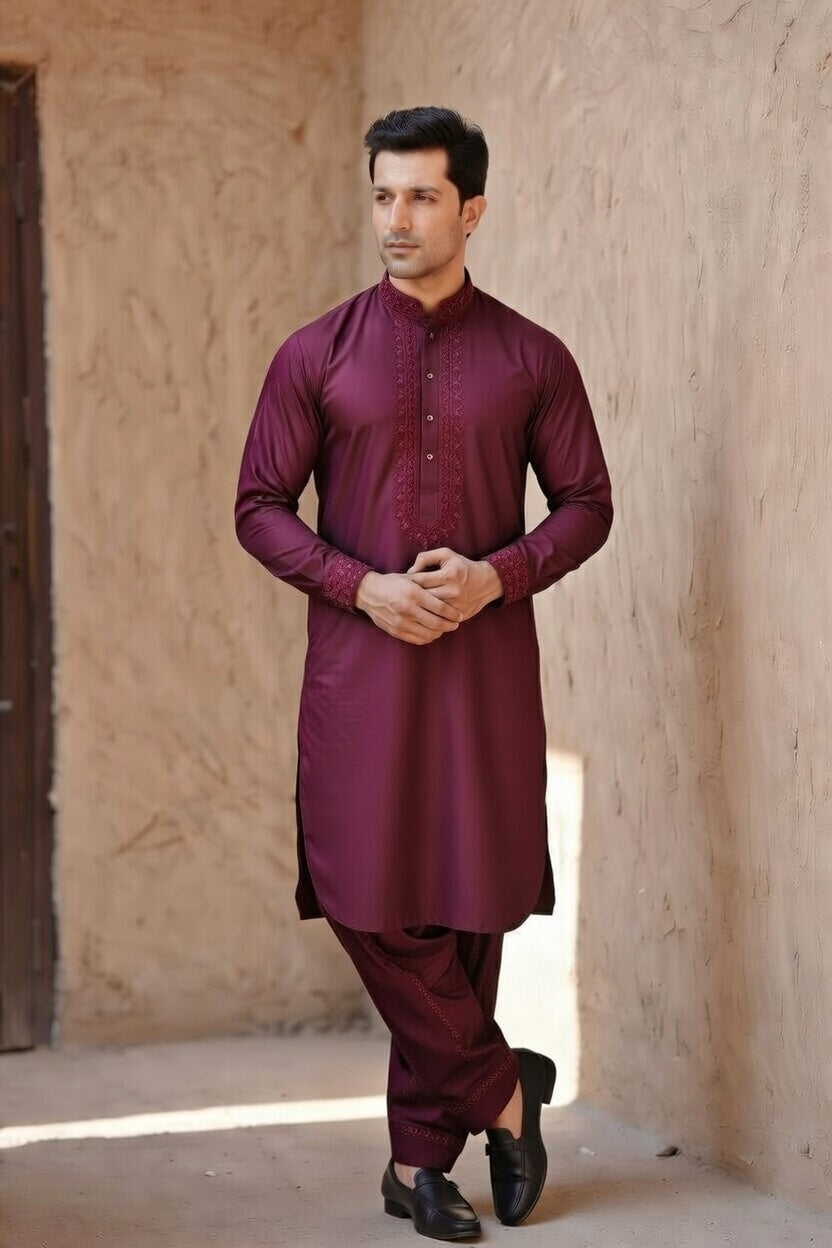 Burgundy Embroidered Shalwar Kameez – Luxury Formal Wear