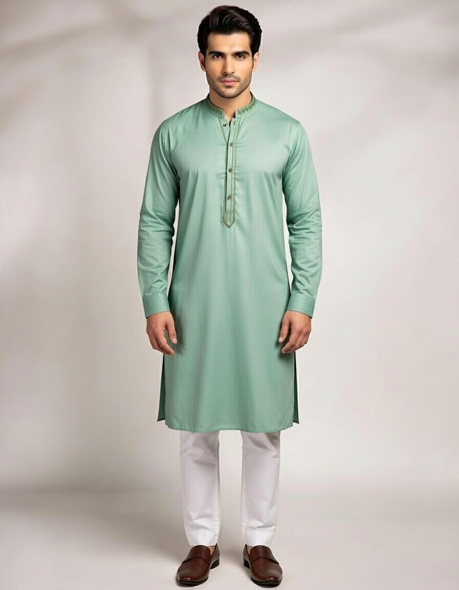 Man wearing a light green kurta with white pants on a plain background