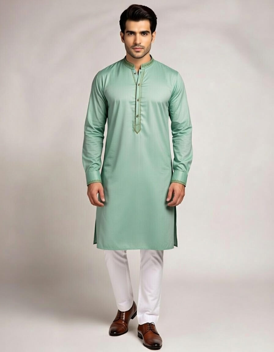 Man wearing a light green kurta with white pants on a plain background