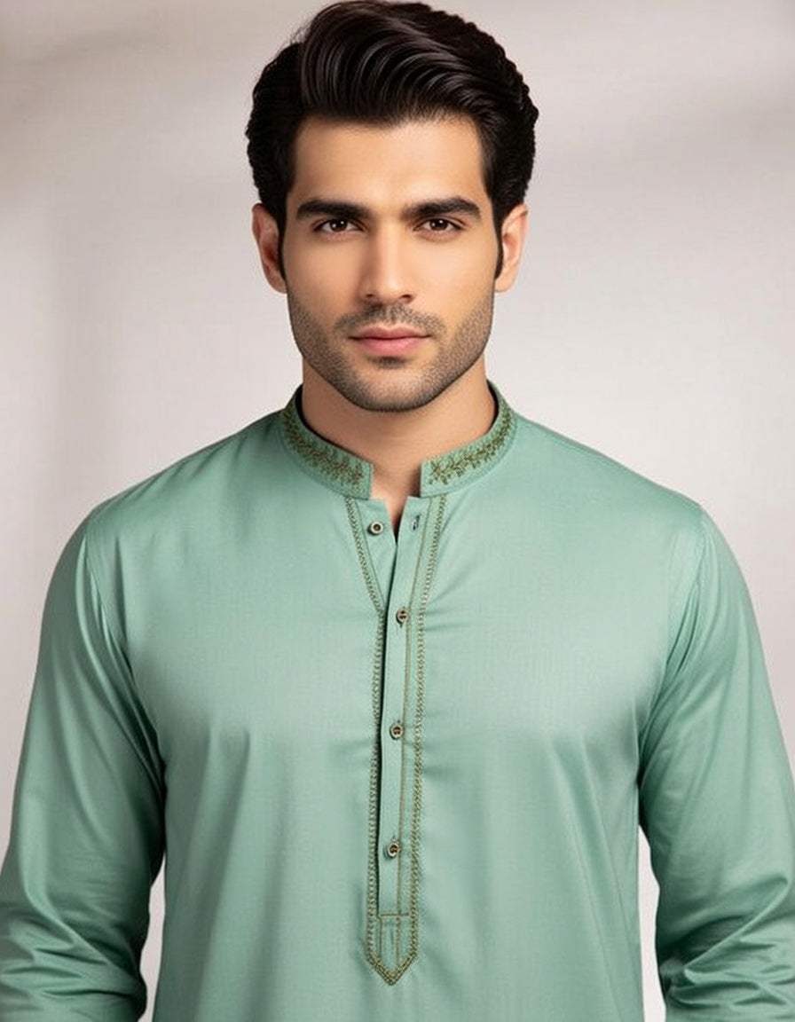 Man wearing a light green kurta with embroidery on a plain background