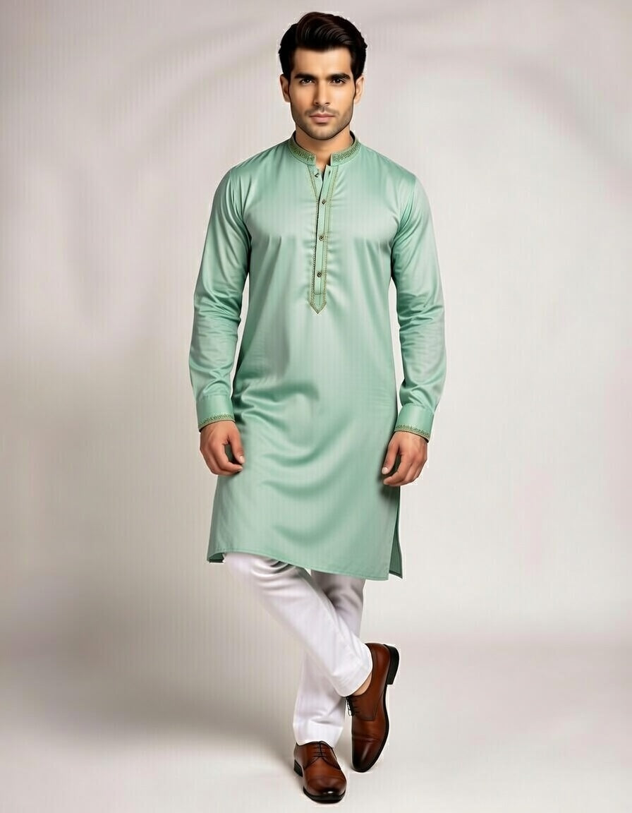 Man wearing a light green kurta with white pants on a plain background