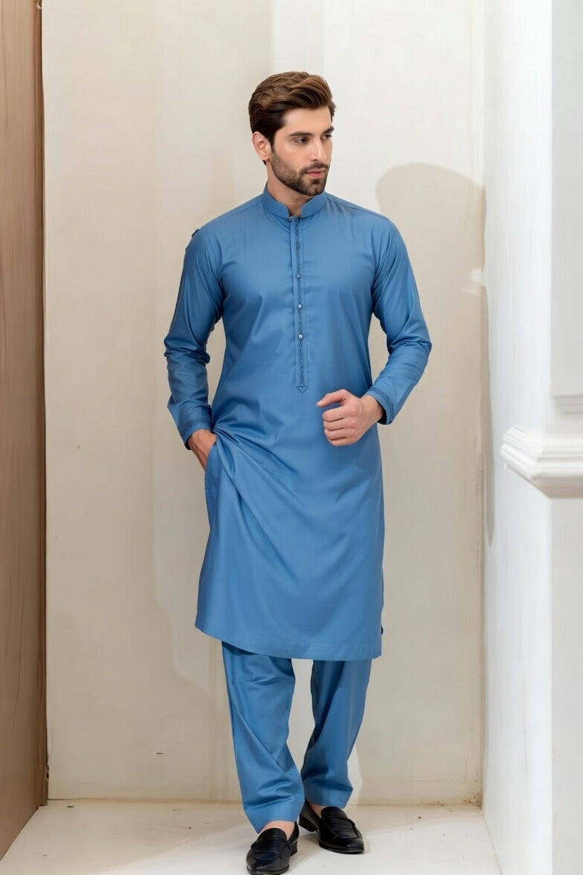 Ivory Blue Embroidered Shalwar Kameez – Luxury Formal Wear