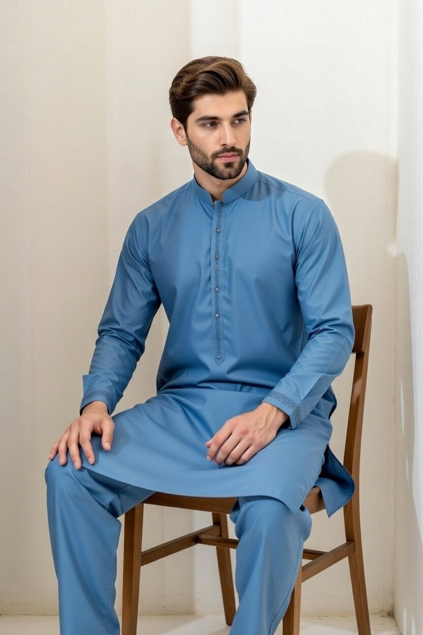 Ivory Blue Embroidered Shalwar Kameez – Luxury Formal Wear