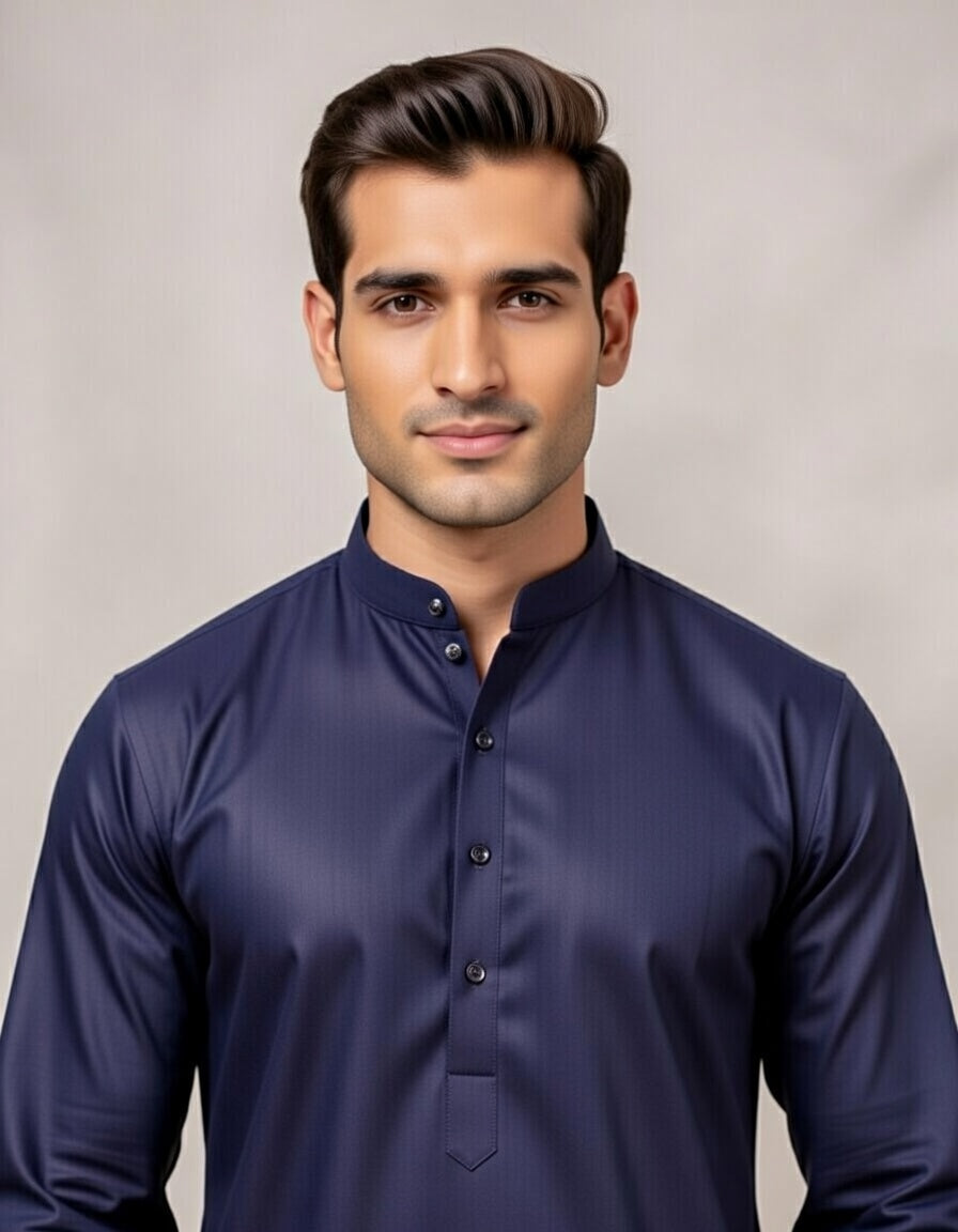 Man wearing a navy blue kurta against a plain background