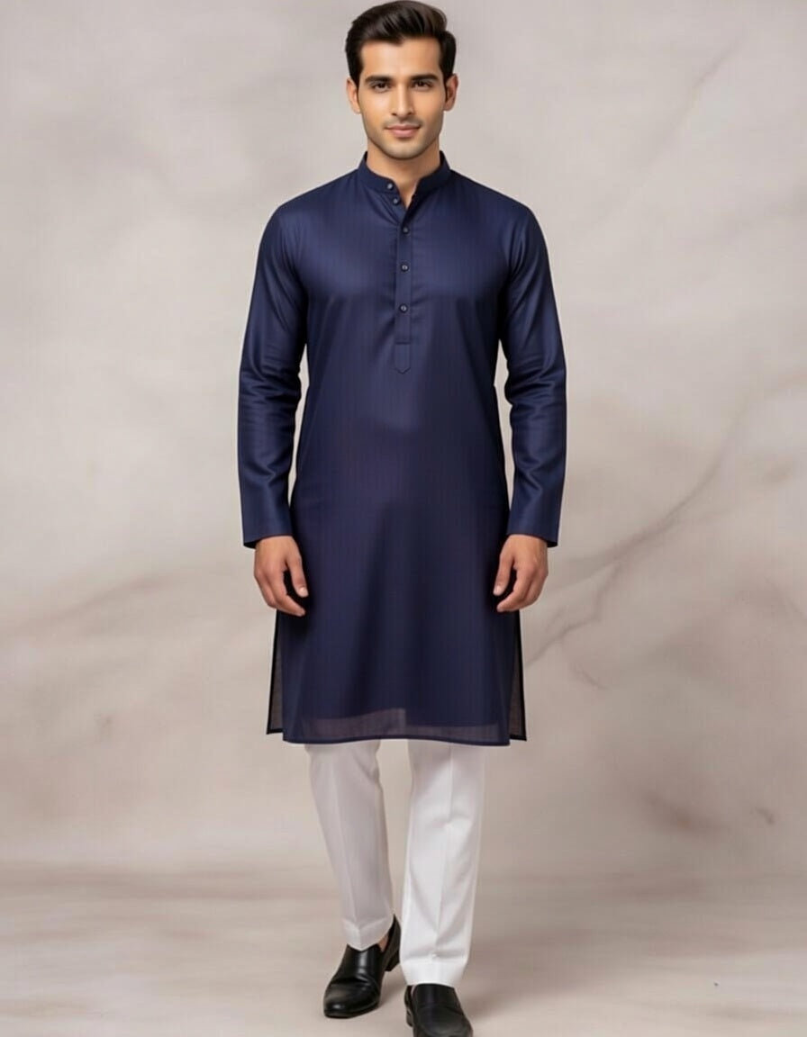 Man wearing a navy kurta with white pants on a plain background