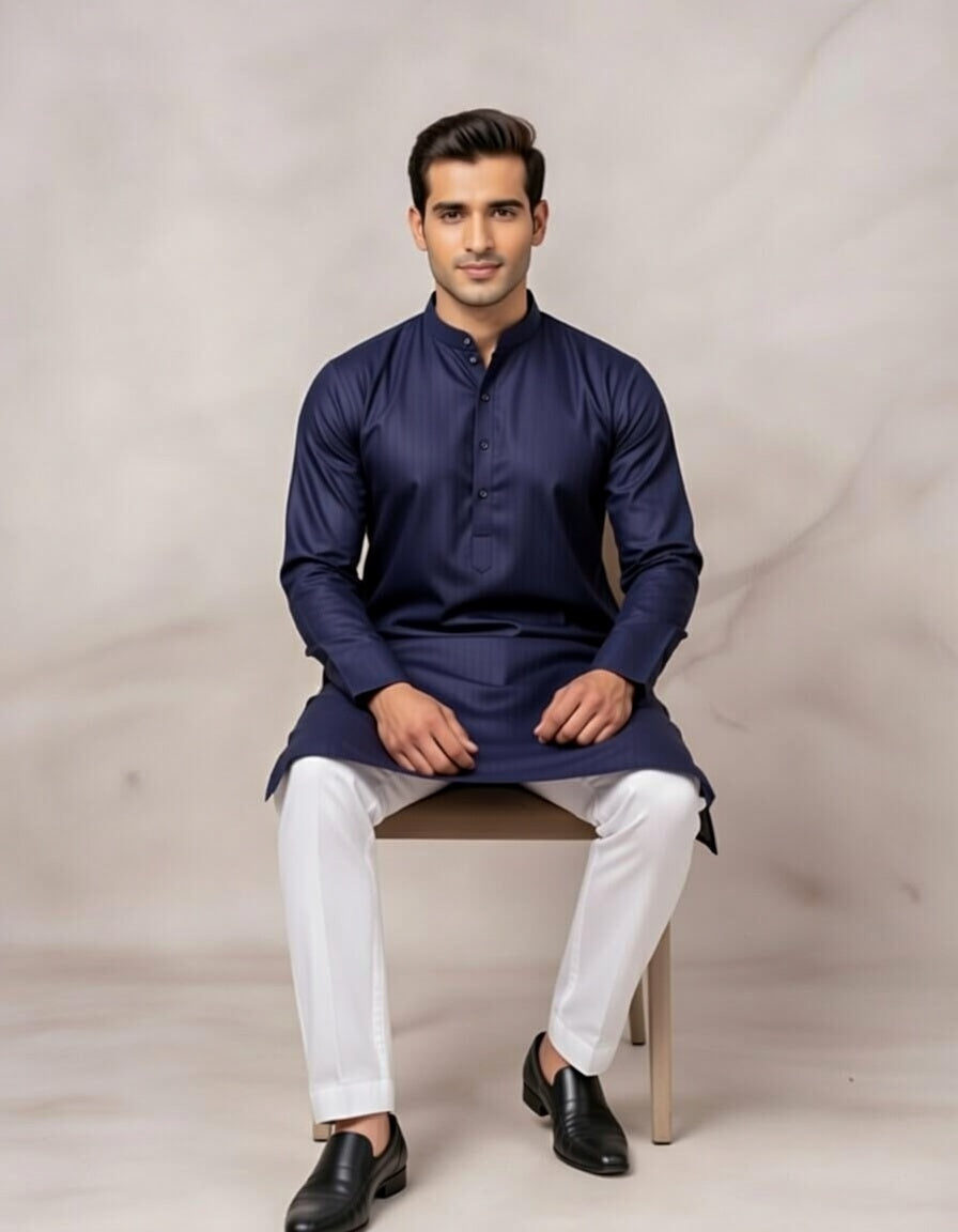 Man wearing a navy kurta with white pants sitting on a chair against a plain background