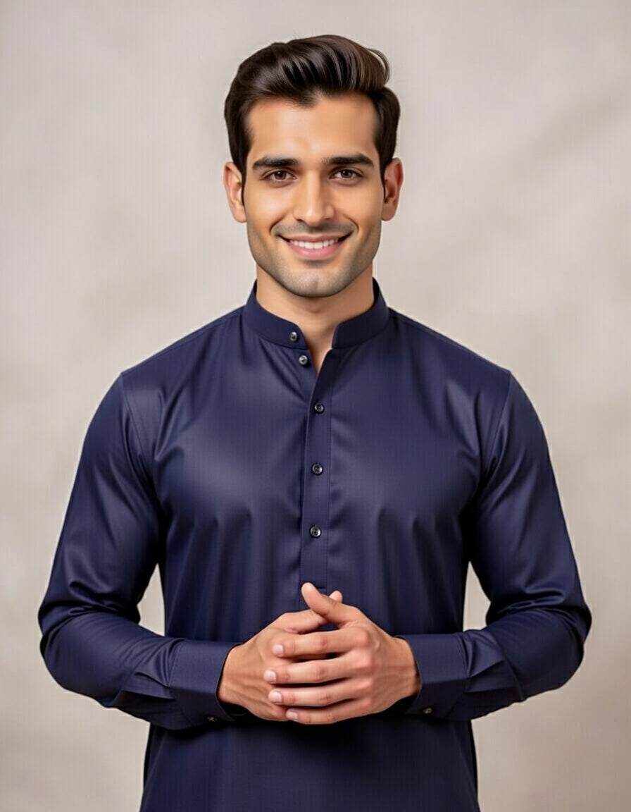 Man wearing a dark blue shirt against a plain background