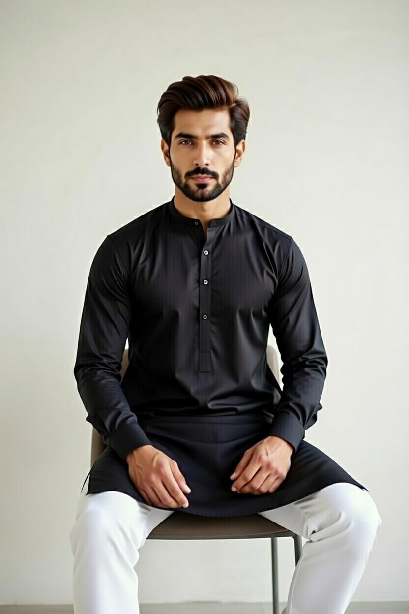 Man wearing a black kurta with white pants sitting on a chair against a plain background