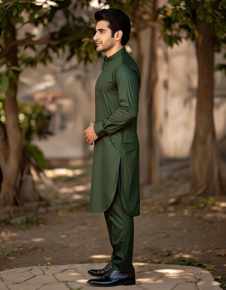 Man wearing a green traditional outfit standing outdoors with trees in the background