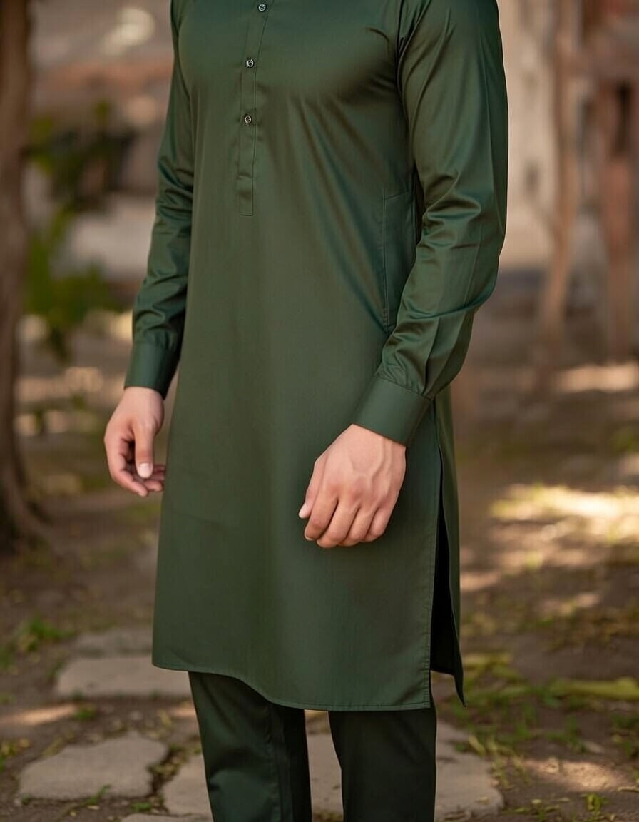 Person wearing a green long-sleeve shirt and pants outdoors.