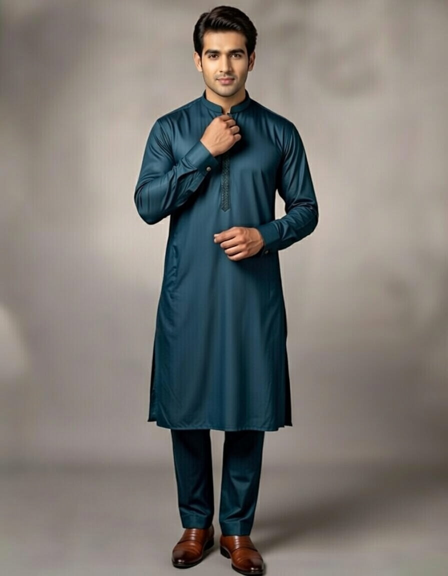 Man wearing a teal kurta with brown shoes on a gray background